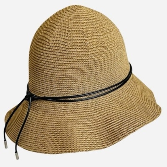 100% Linen Cloche Bucket Sun Hat Black Leather Cord Trim Tan Woven One Size VG main image 5